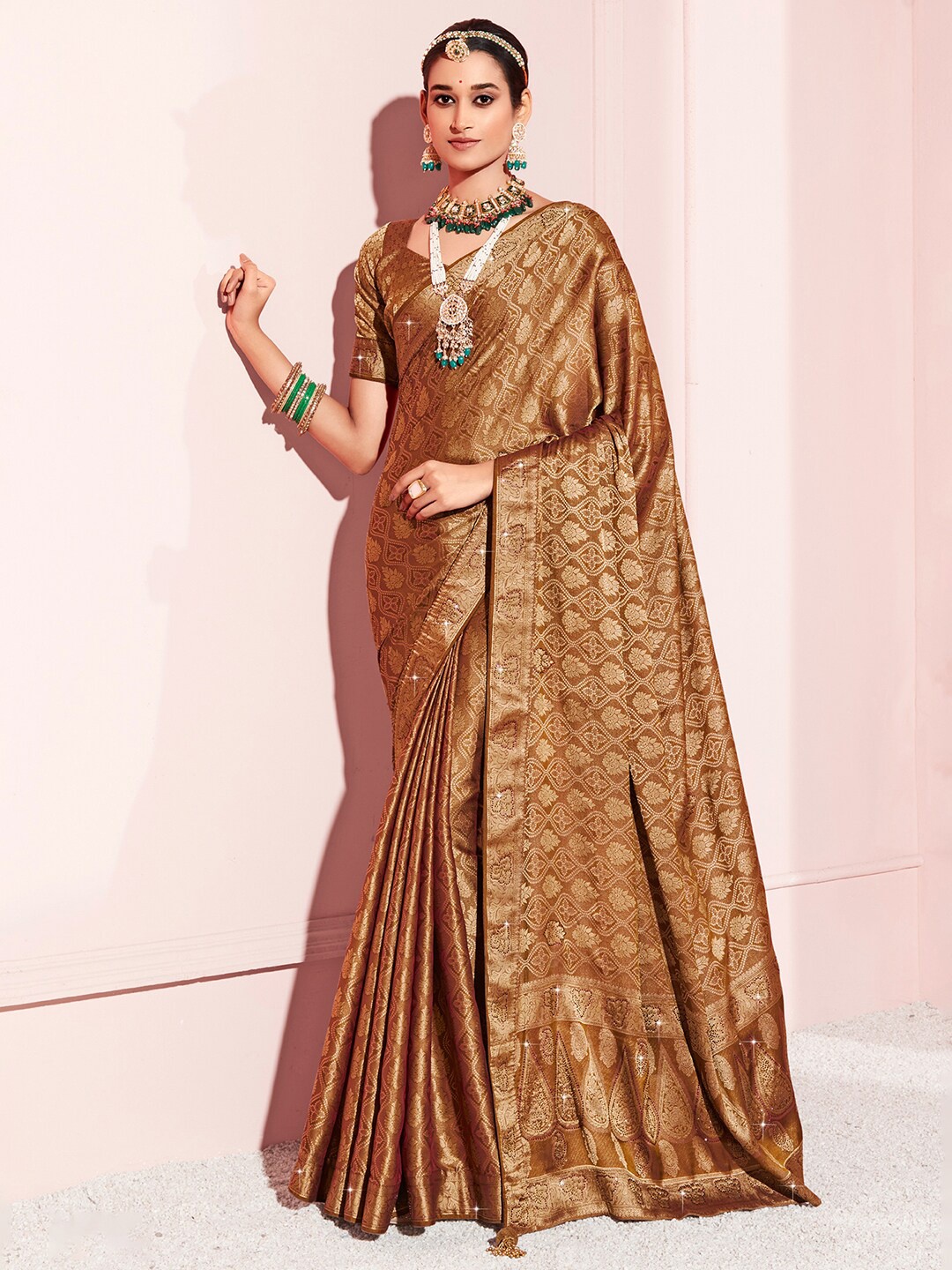 

Saree mall Woven Design Zari Pure Silk Banarasi Sarees, Camel brown