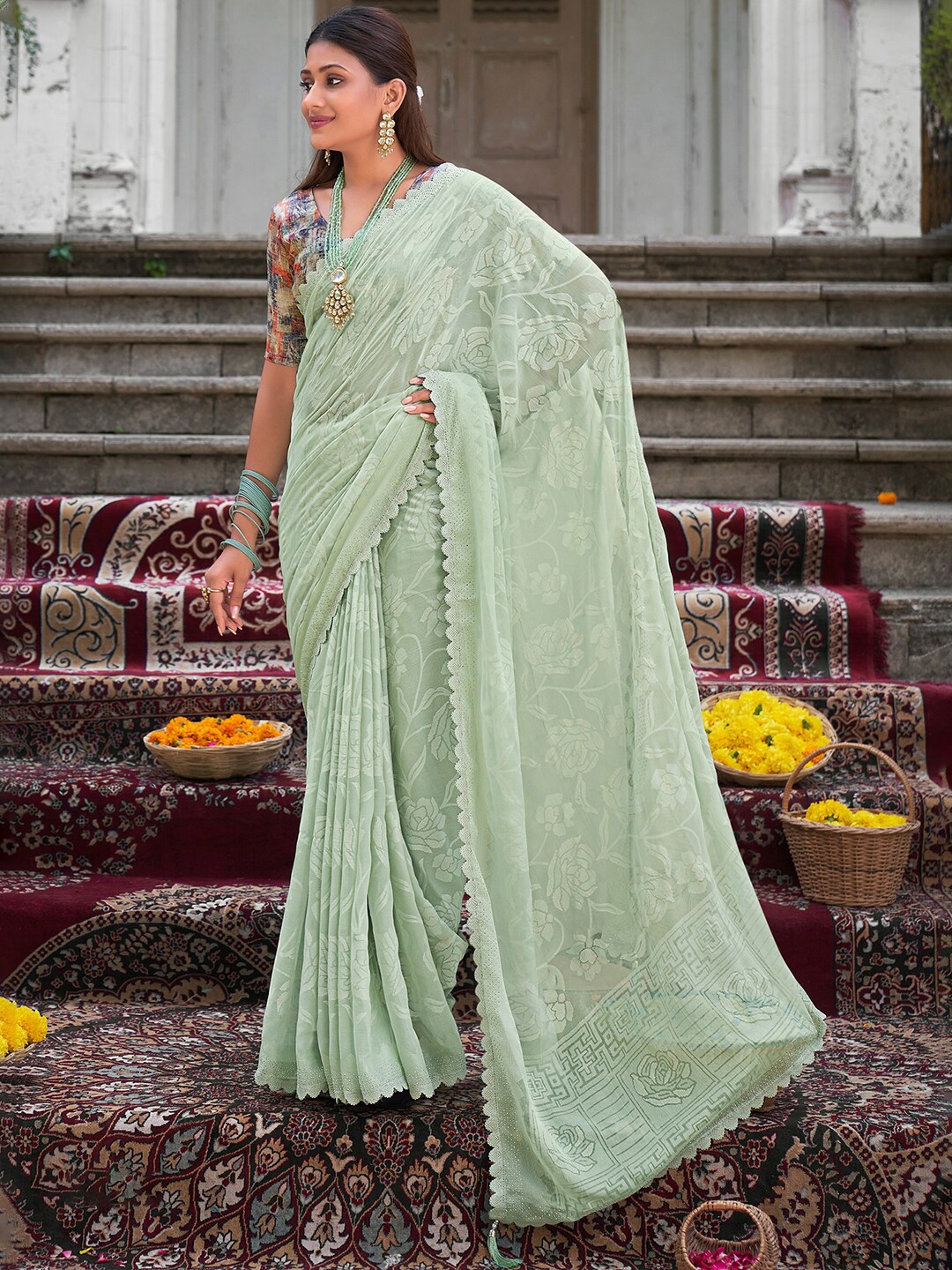 

Saree mall Floral Woven Design Poly Chiffon Sarees, Green
