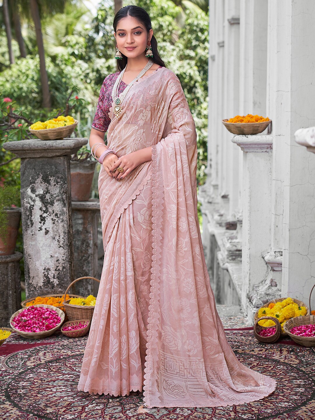 

Saree mall Beige Floral Woven Design Beads and Stones Pure Chiffon Bagru Sarees, Pink