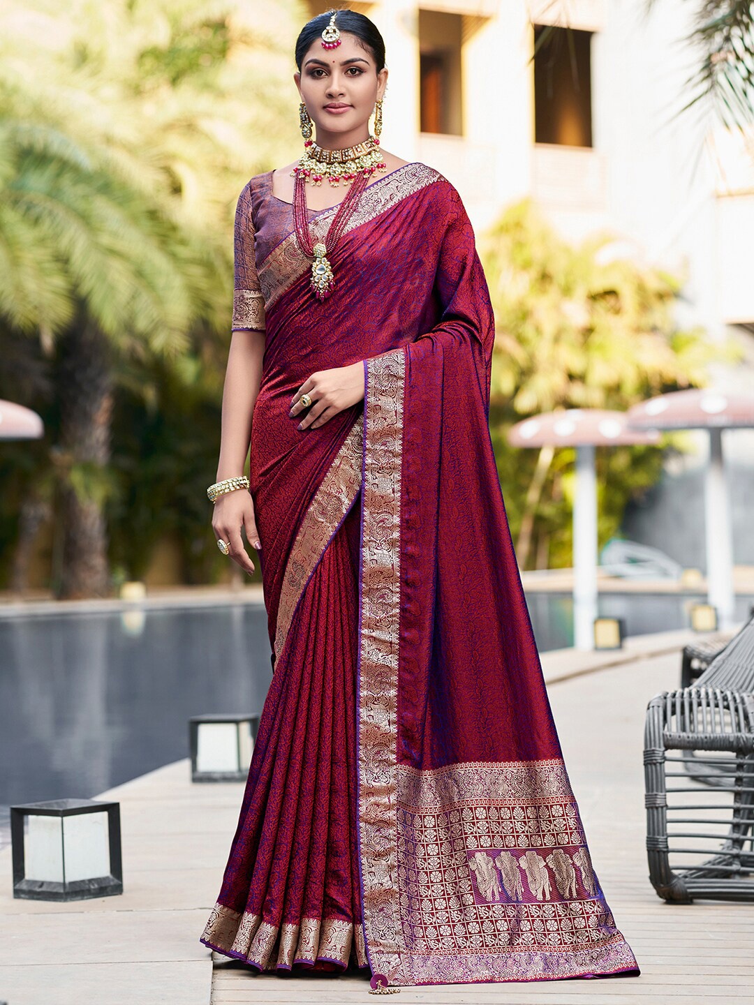 

Saree mall Ethnic Motifs Woven Design Zari Silk Sarees, Burgundy