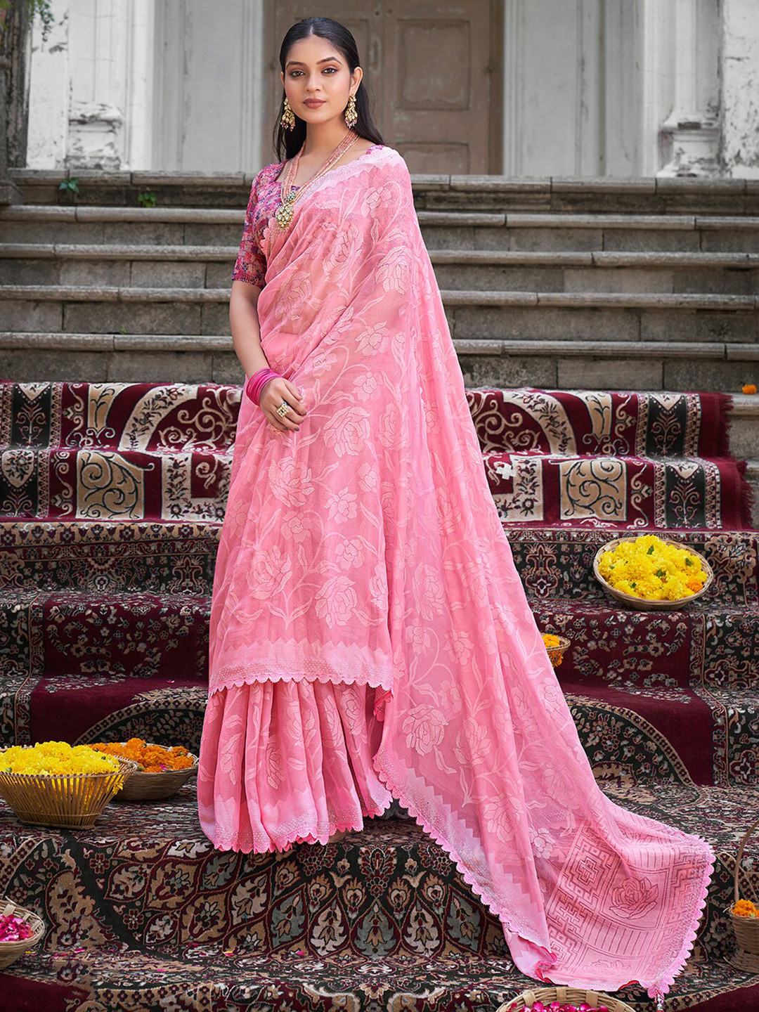

Saree mall Floral Woven Design Bagru Sarees, Pink