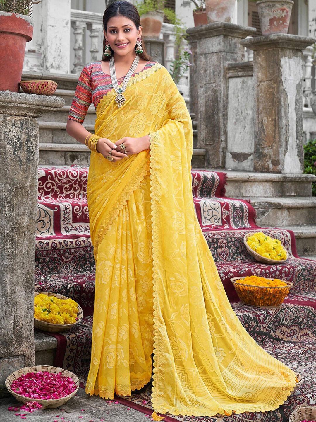 

Saree mall Woven Design Beads And Stones Poly Chiffon Bagru Sarees, Yellow