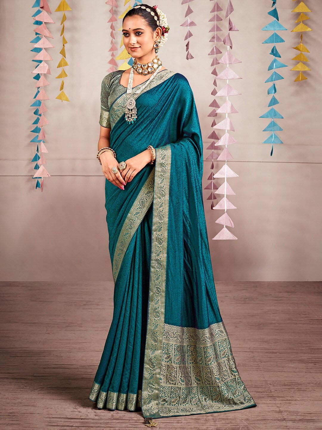 

Saree mall Ethnic Motifs Woven Design Zari Silk Banarasi Sarees, Teal
