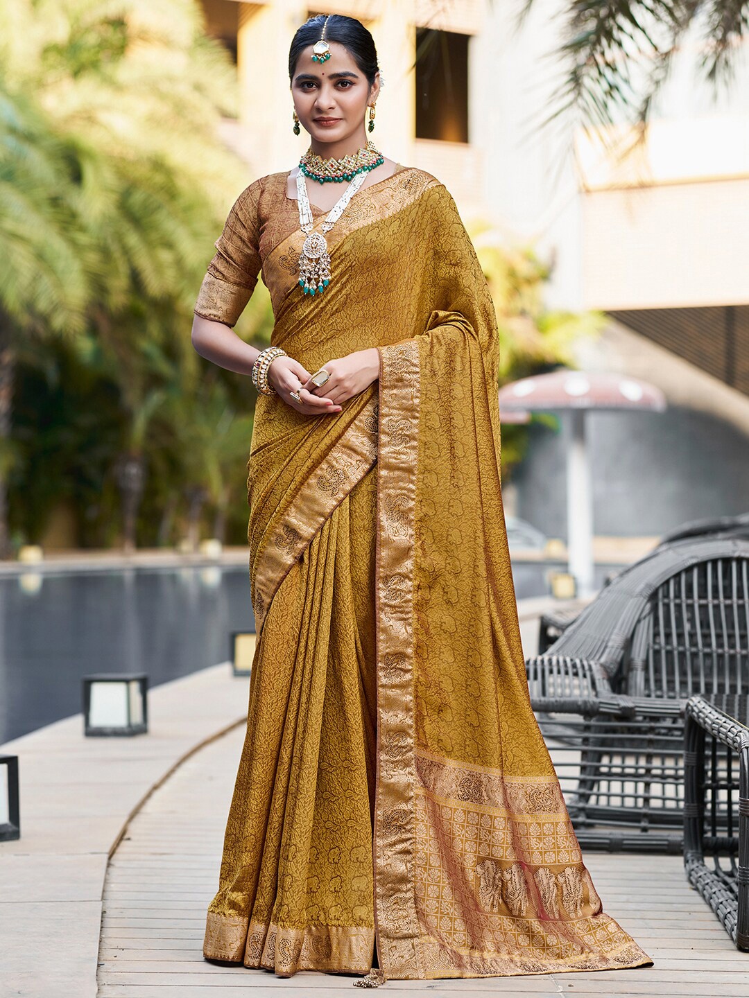 

Saree mall Paisley Zari Silk Banarasi Saree With Blouse Piece, Mustard