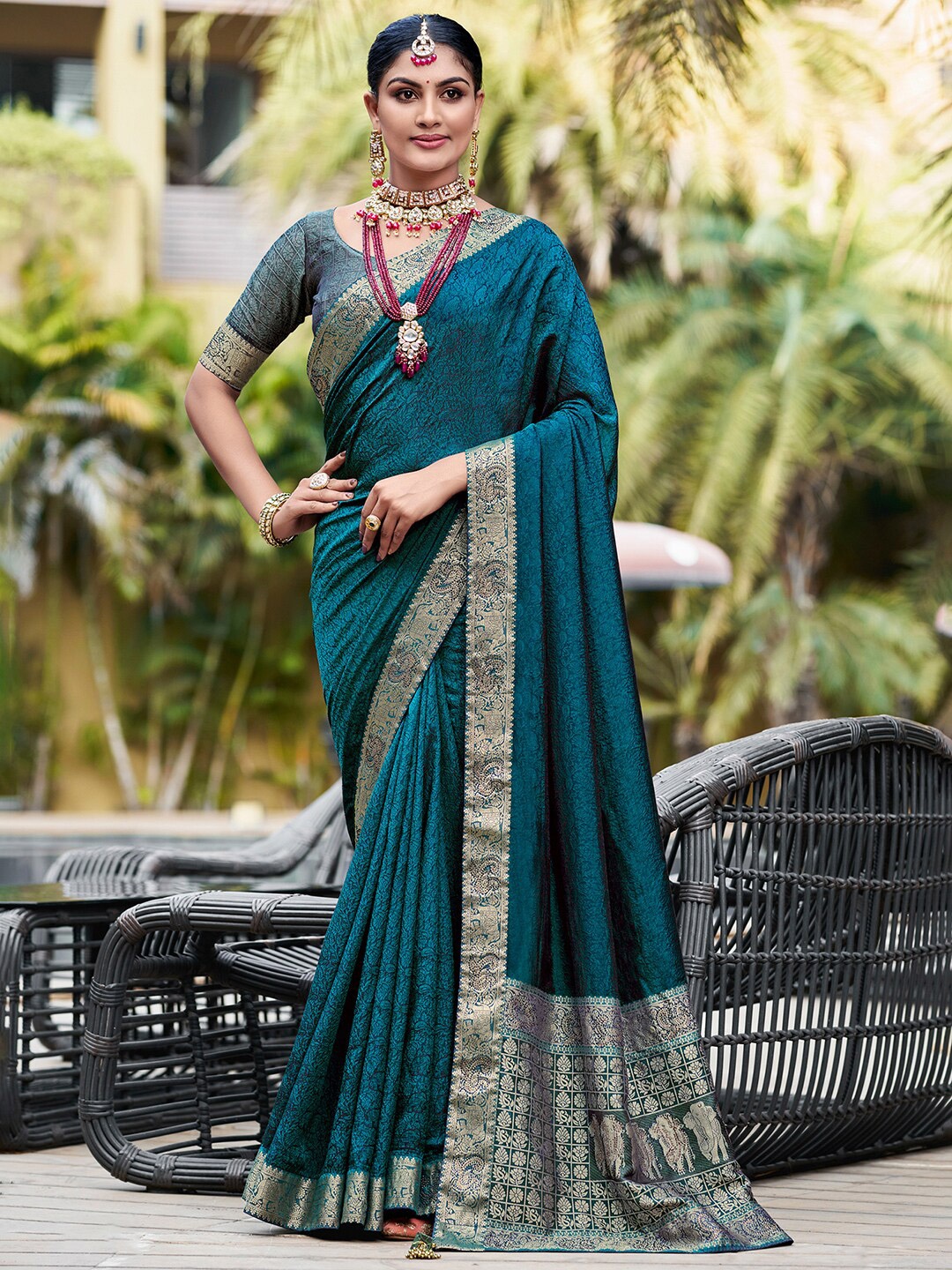 

Saree mall Woven Design Zari Pure Silk Banarasi Sarees, Teal