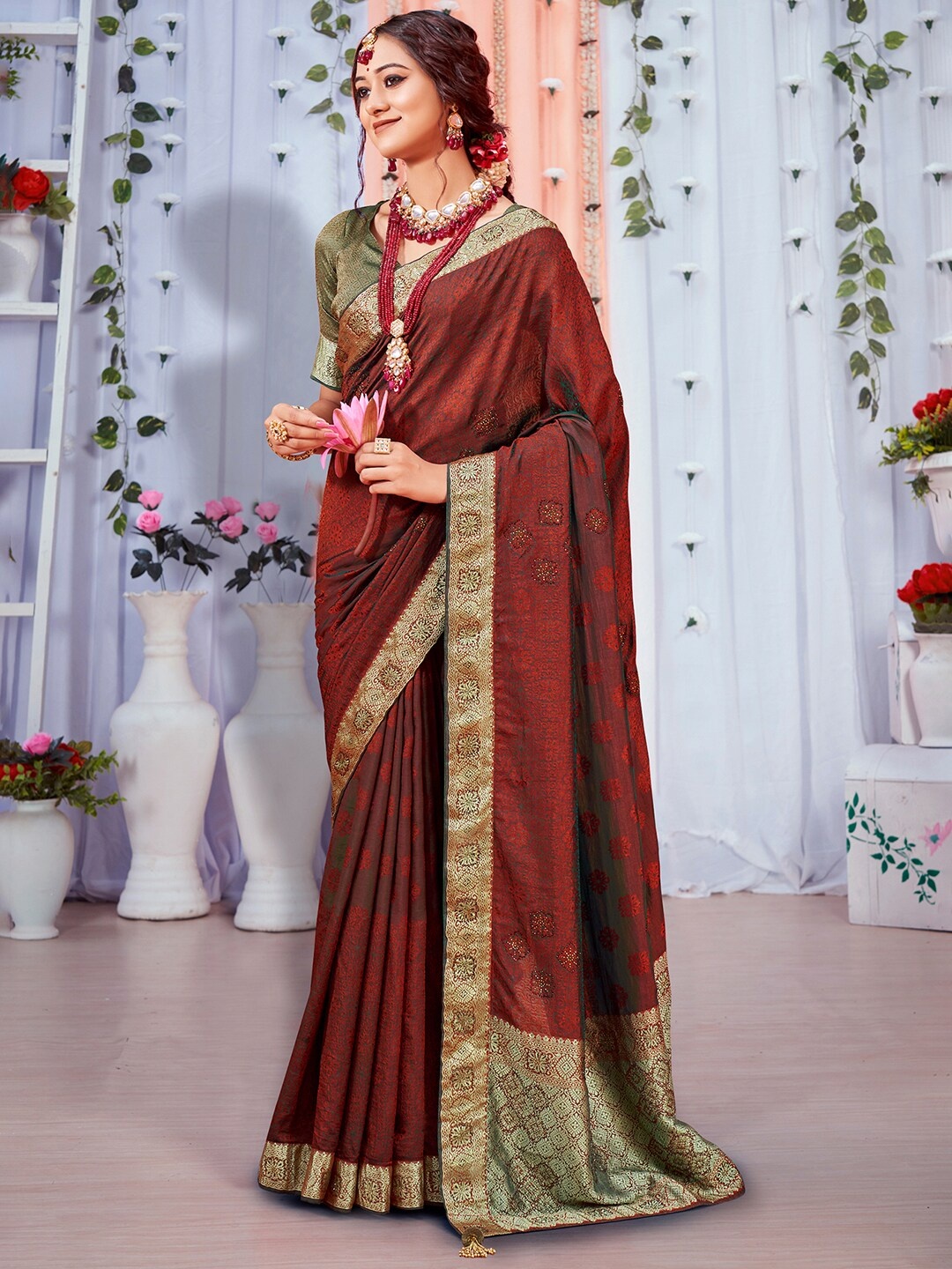 

Saree mall Ethnic Motifs Woven Design Zari Pure Silk Banarasi Sarees, Maroon