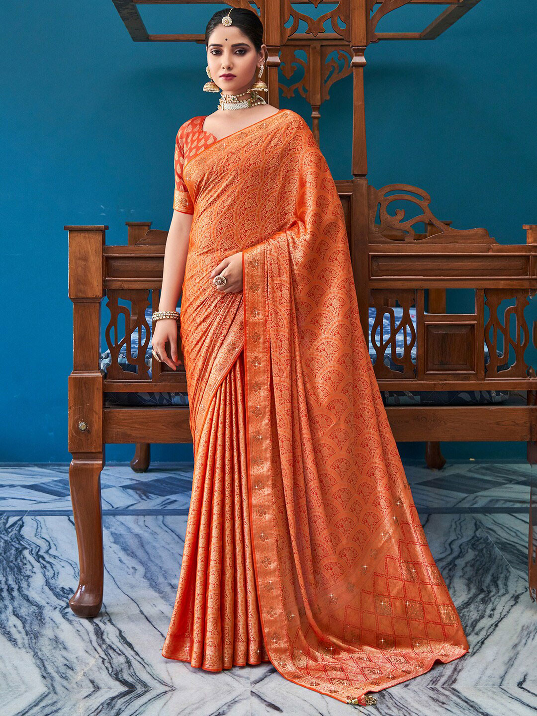 

Saree mall Ethnic Motifs Woven Design Zari Pure Silk Sarees, Orange