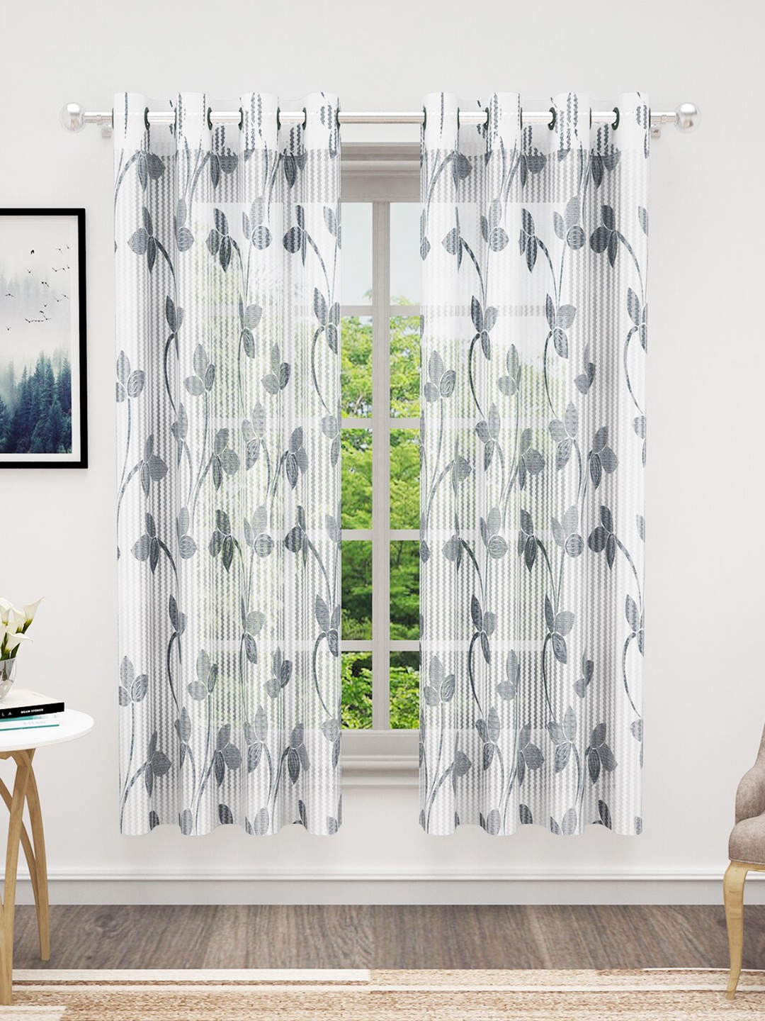 

Bedspun 2 Pcs White & Grey Floral Sheer Window Curtains