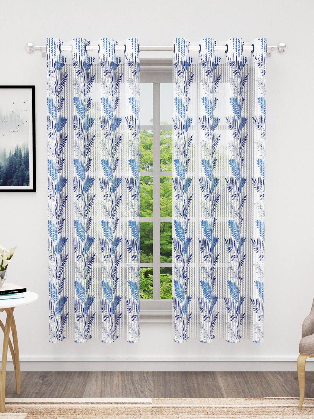 

Bedspun Cosmo Blue & White 2 Pieces Floral Sheer Window Curtains