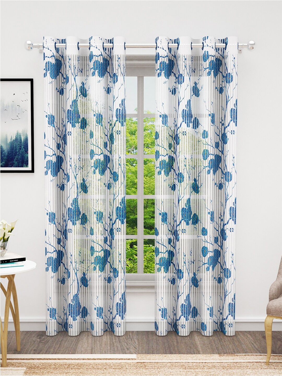 

Bedspun Cosmo Blue & White 2 Pieces Floral Sheer Door Curtains