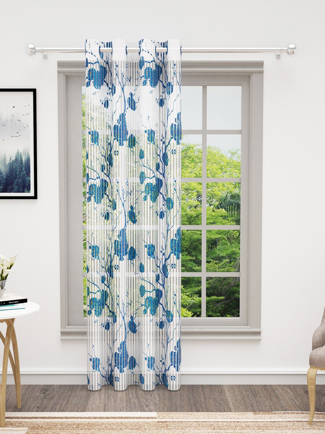 

Bedspun Cosmo Blue & White Floral Printed Sheer Door Curtain