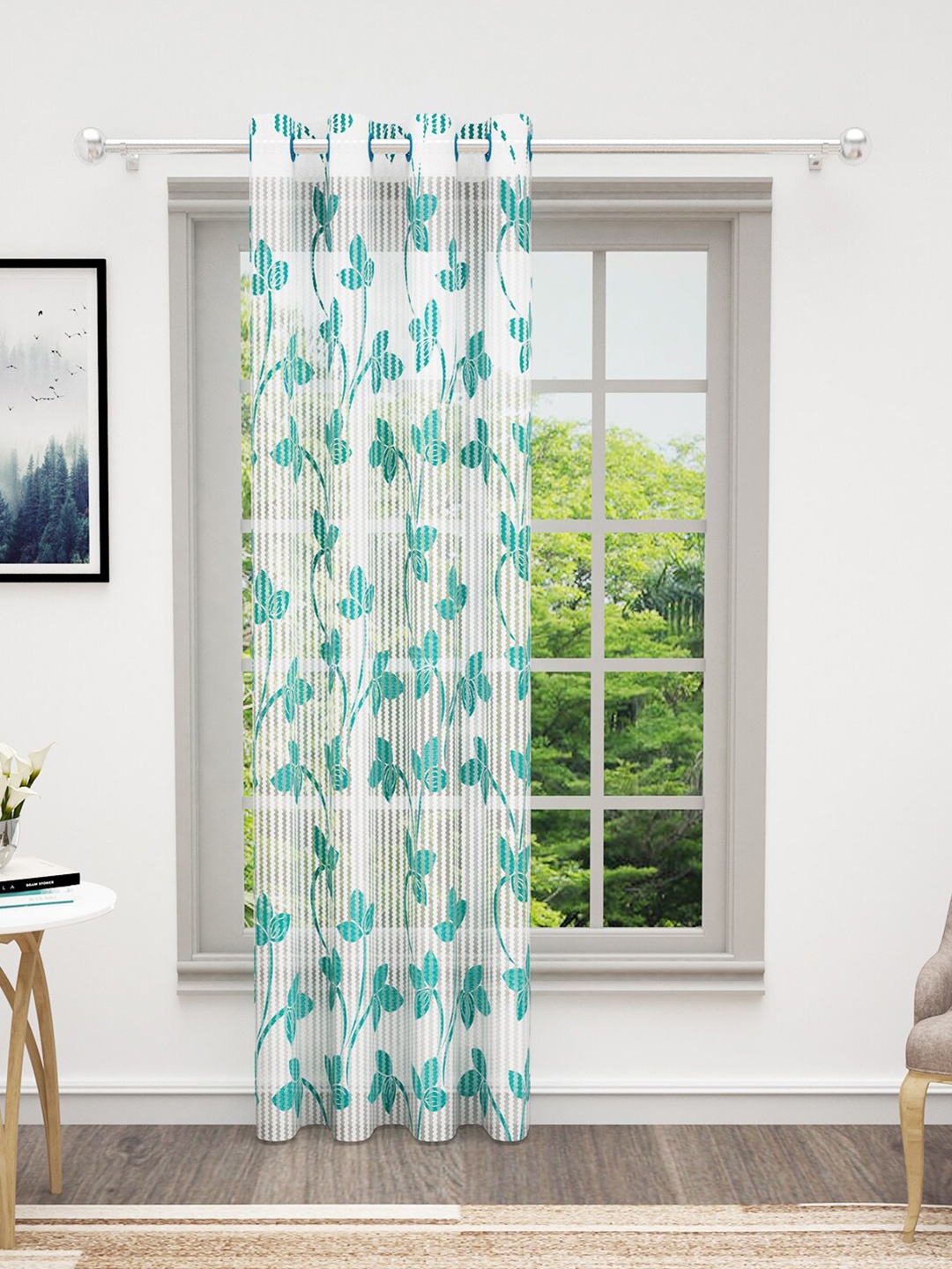 

Bedspun Cosmo Teal & White Floral Printed Sheer Door Curtain