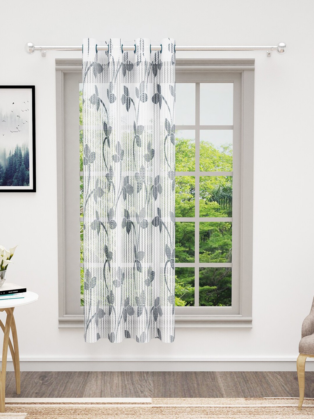 

Bedspun Cosmo Grey & White Floral Printed Sheer Window Curtain