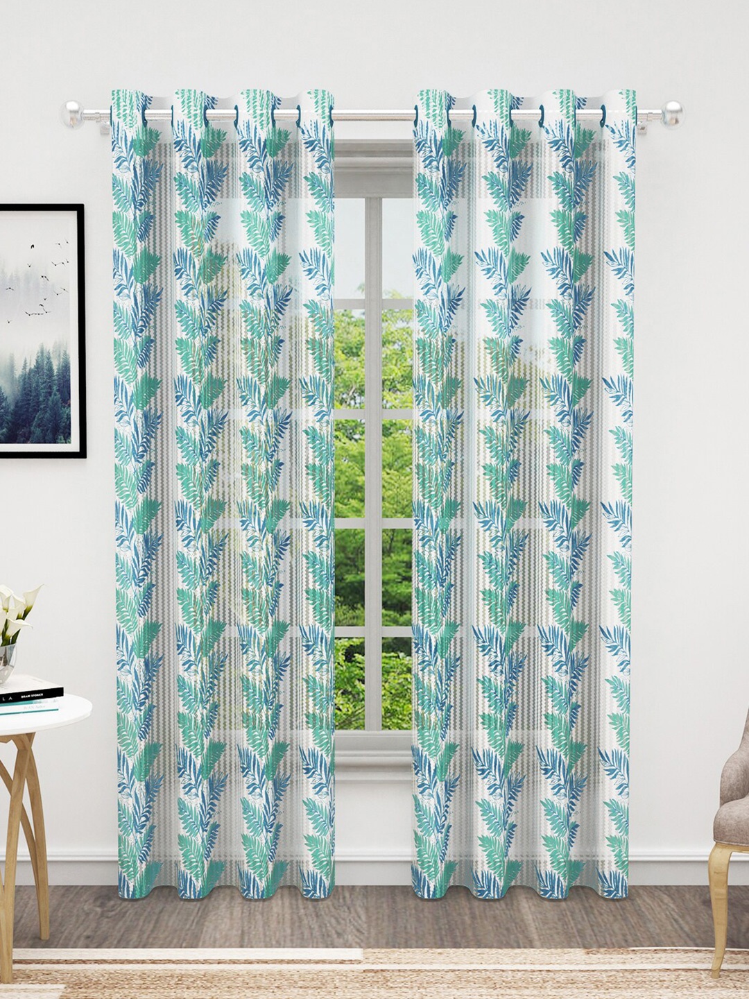 

Bedspun Teal & White 2-Pieces Floral Sheer Door Curtains