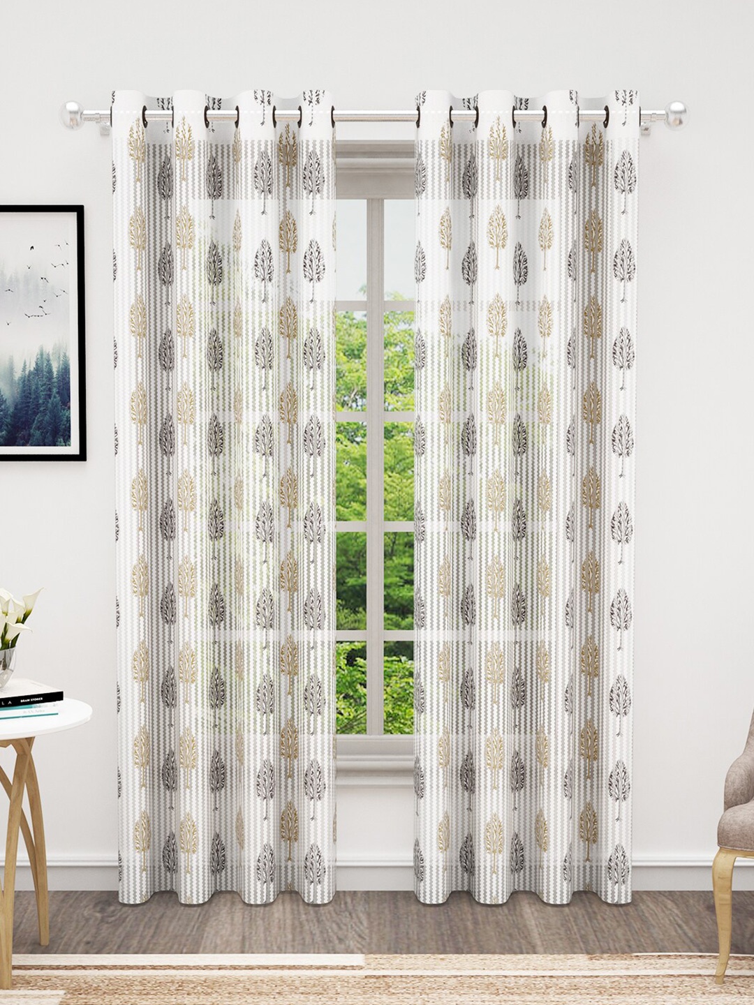 

Bedspun White & Brown 2-Pieces Floral Sheer Door Curtains
