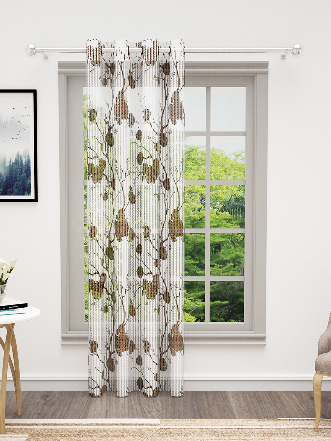 

Bedspun Brown & White Floral Sheer Door Curtain