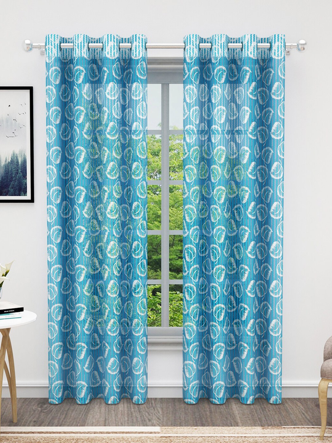

Bedspun Blue & White 2-Pieces Floral Sheer Door Curtains