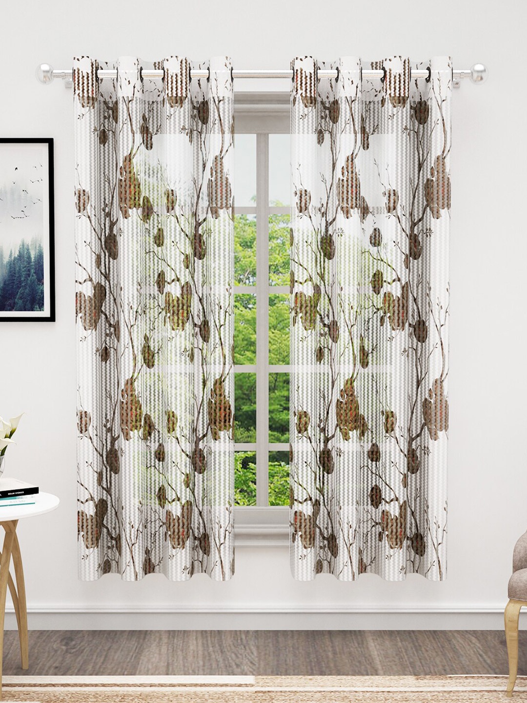 

Bedspun White & Brown 2 Pieces Floral Sheer Window Curtains