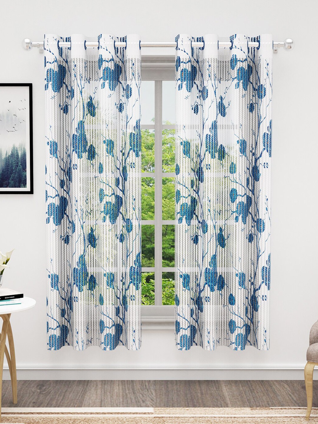 

Bedspun Cosmo Blue & White 2 Pieces Floral Sheer Window Curtains