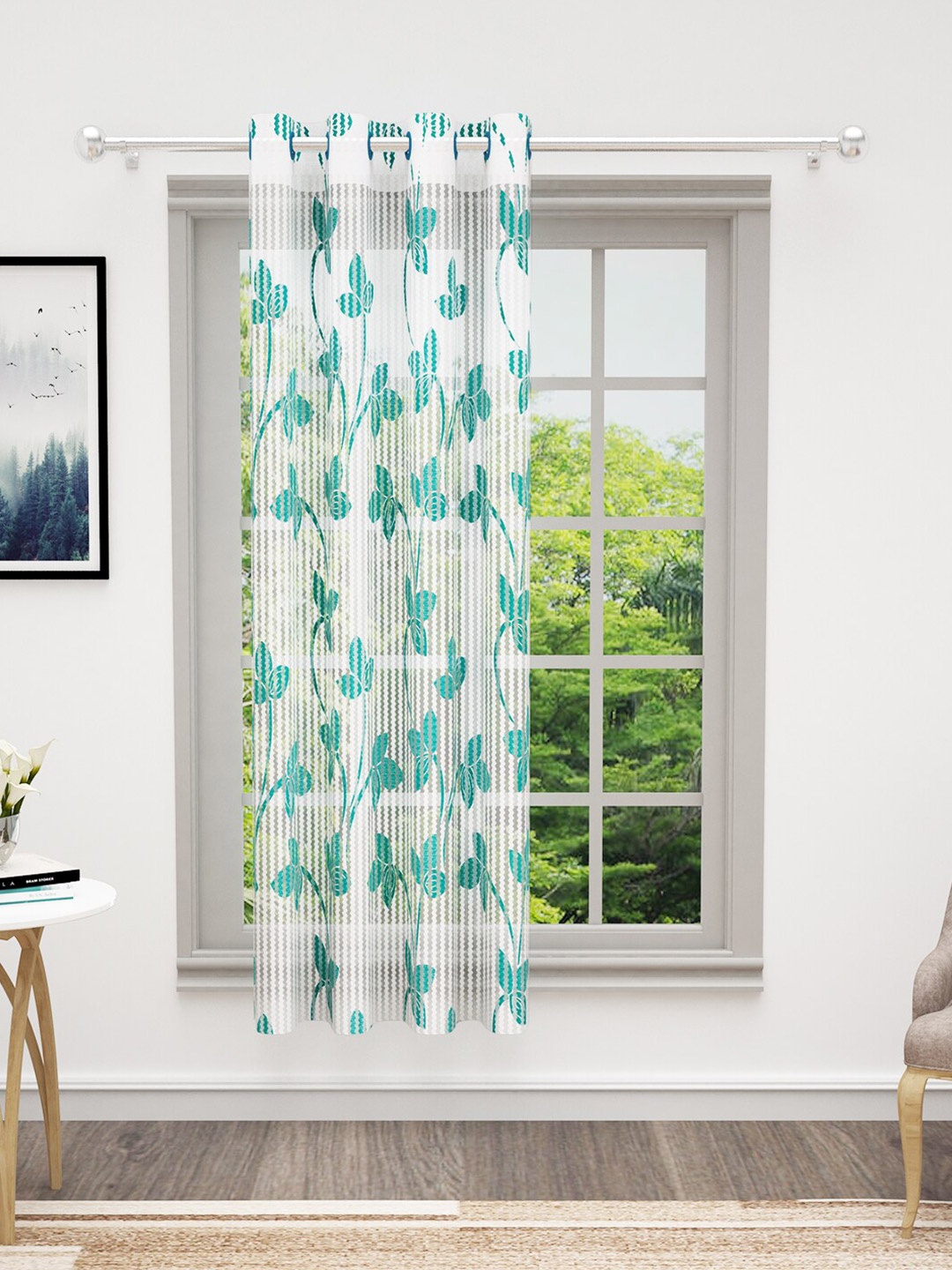 

Bedspun Cosmo Teal & White Floral Sheer Window Curtain