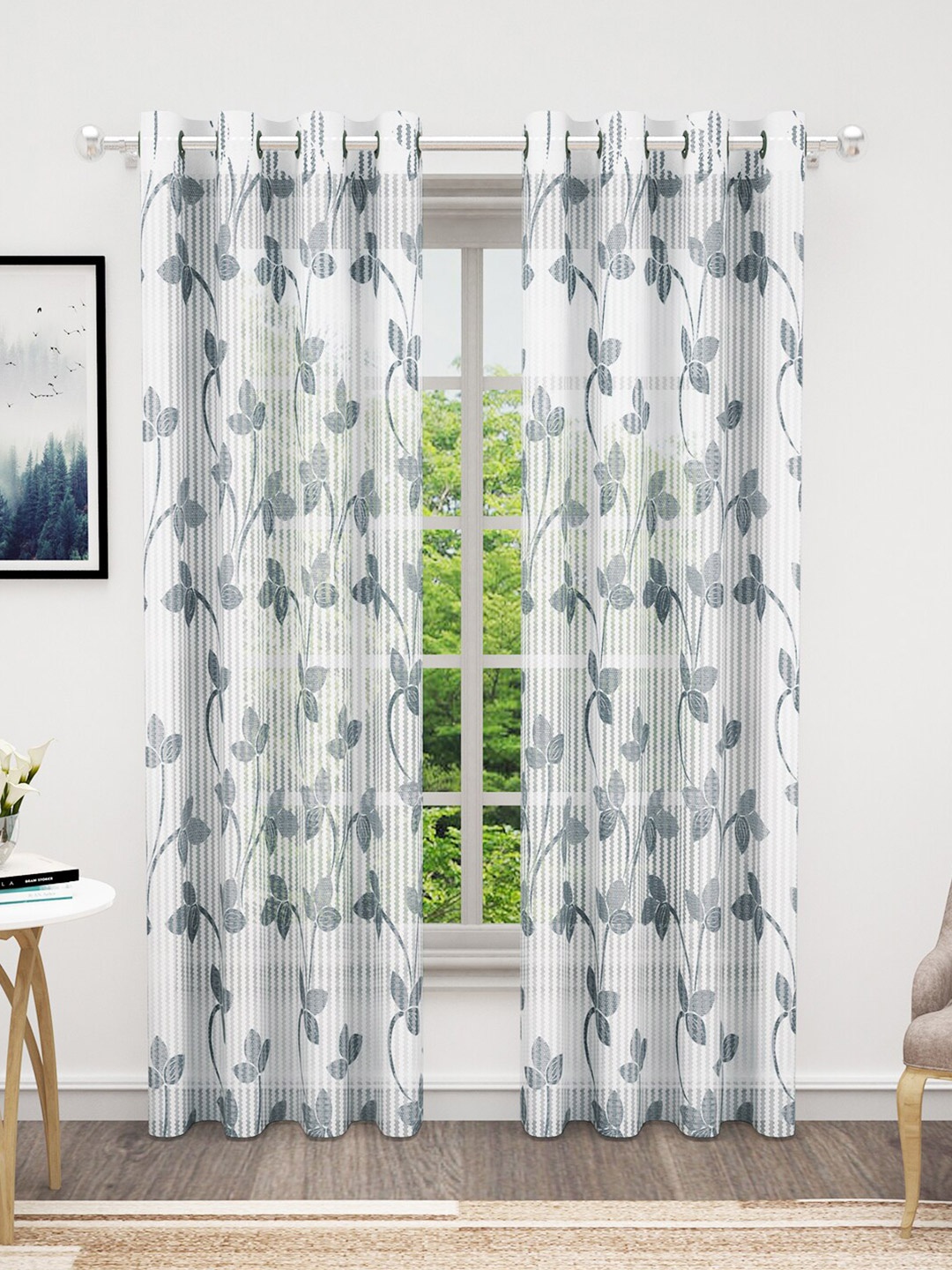 

Bedspun Cosmo Grey & White 2 Pieces Floral Sheer Door Curtains