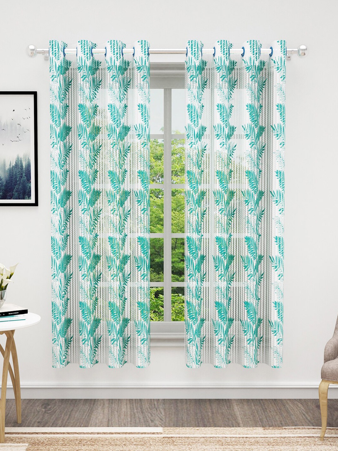 

Bedspun Cosmo White & Teal 2 Pieces Floral Sheer Window Curtains