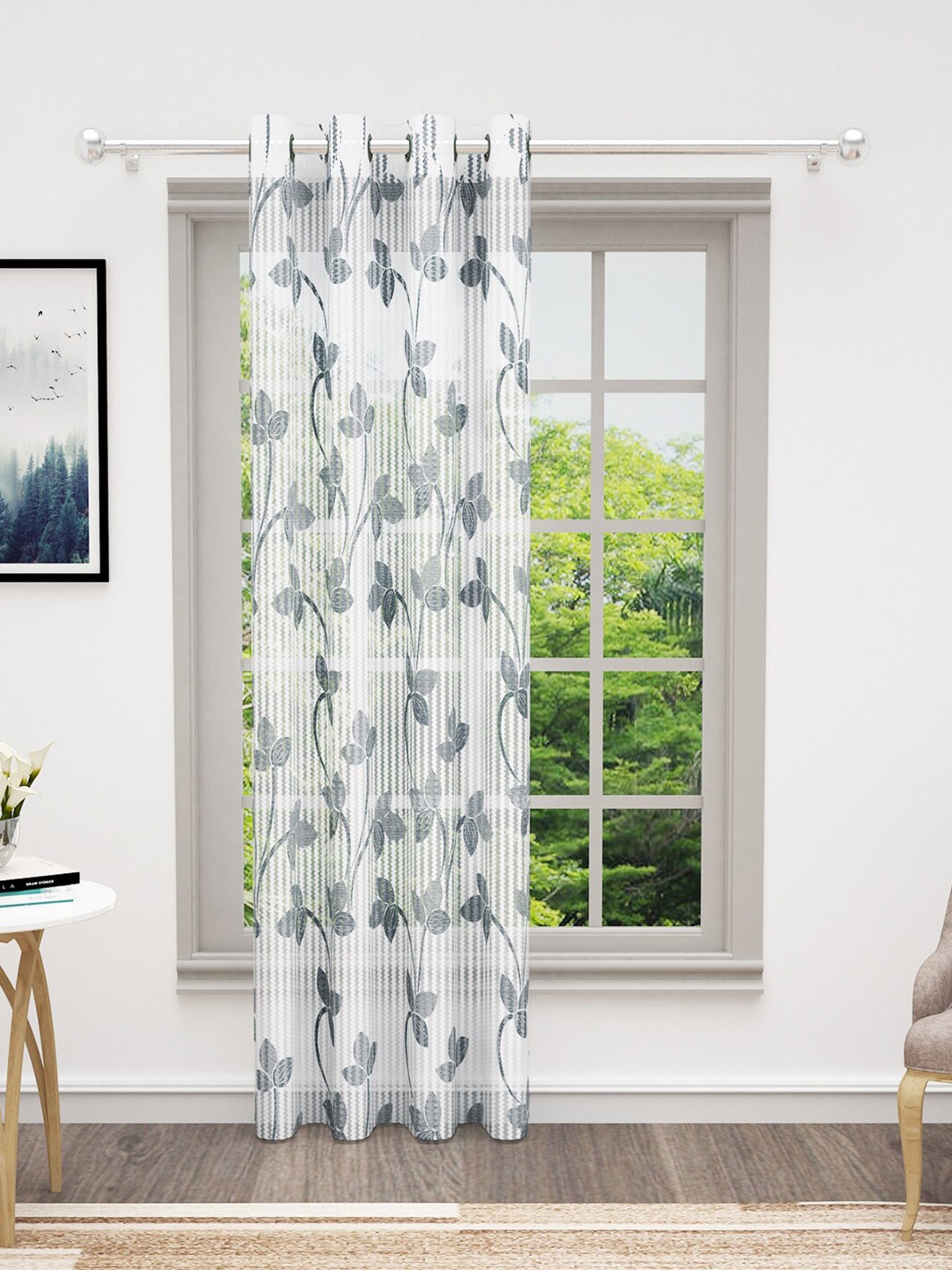 

Bedspun Cosmo Grey & White Floral Sheer Door Curtain