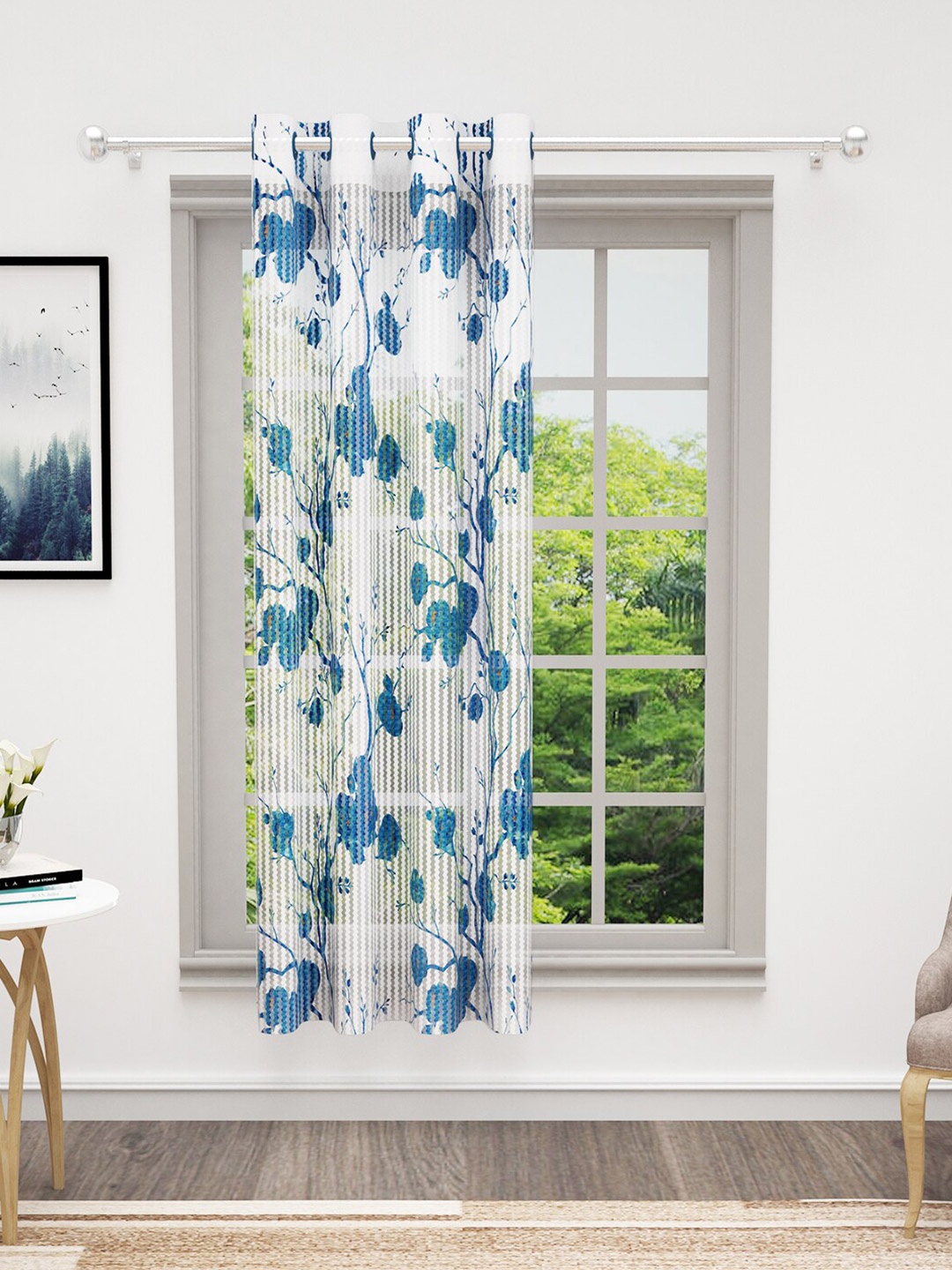 

Bedspun Cosmo White & Blue Floral Sheer Window Curtain