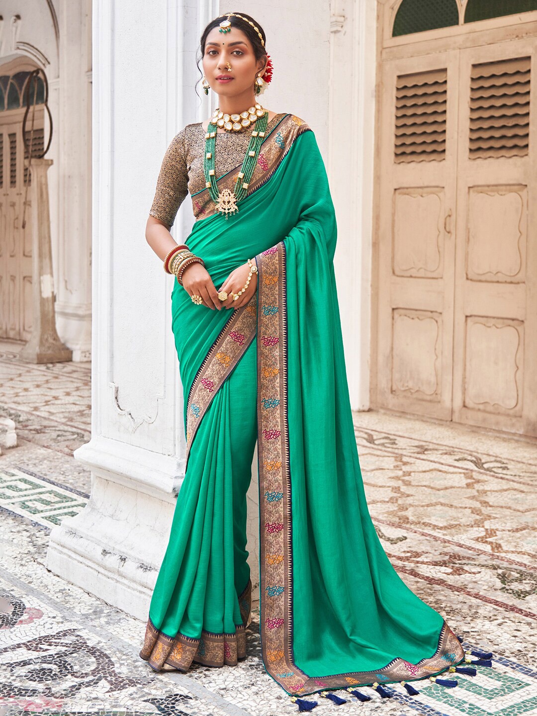 

Saree mall Floral Woven Design Zari Sarees, Sea green