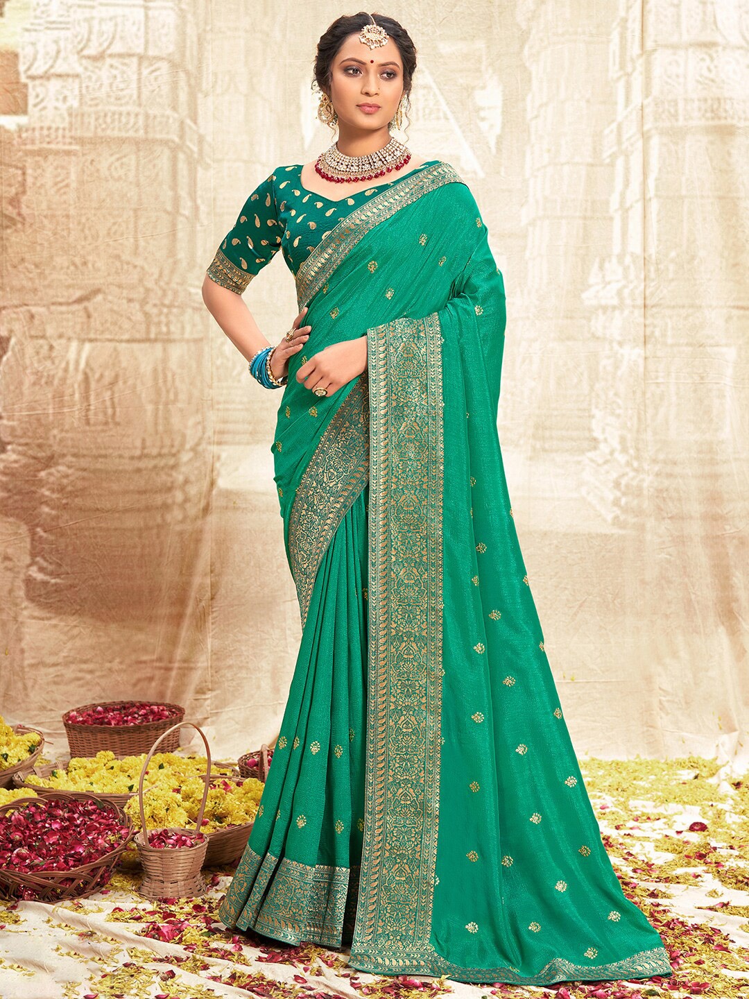 

Saree mall Ethnic Motifs Woven Design Zari Sarees, Sea green