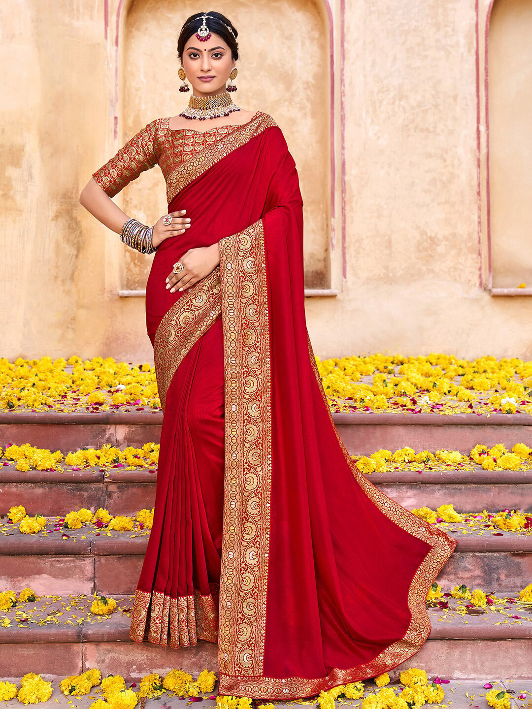 

Saree mall Woven Design Zari Sarees, Red