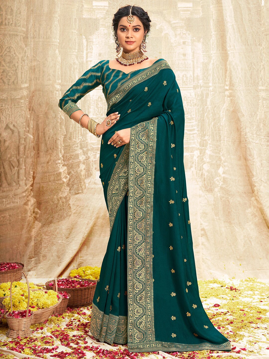 

Saree mall Ethnic Motifs Woven Design Zari Sarees, Teal