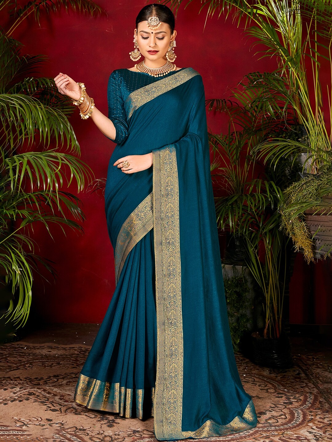 

Saree mall Zari Silk Blend Banarasi Sarees, Teal