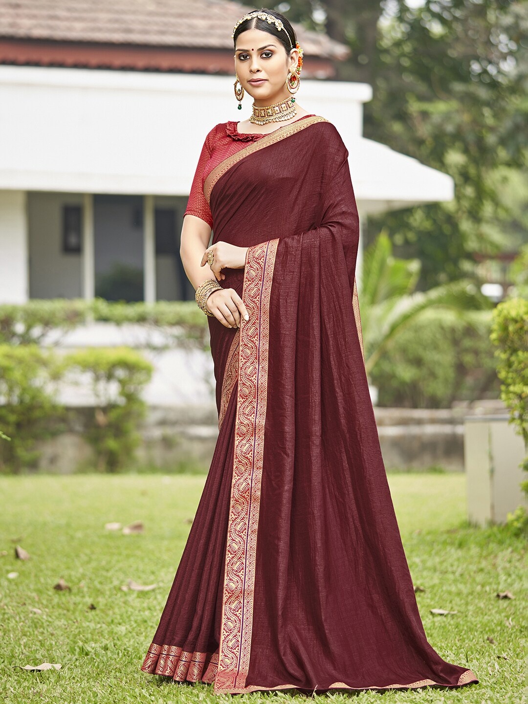 

Saree mall Woven Design Zari Silk Blend Sarees, Brown
