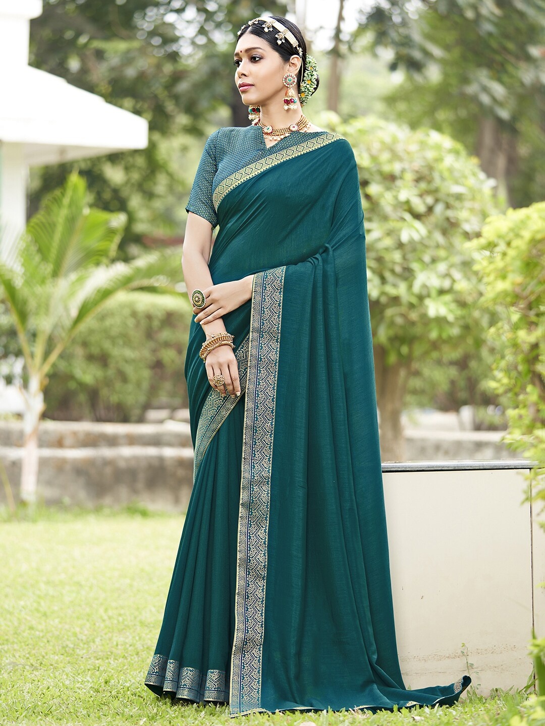 

Saree mall Woven Design Zari Silk Blend Sarees, Teal