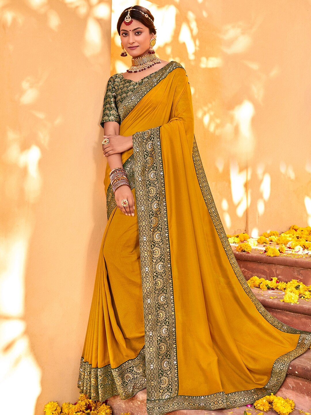 

Saree mall Mustard yellow & Green Zari Silk Blend Sarees