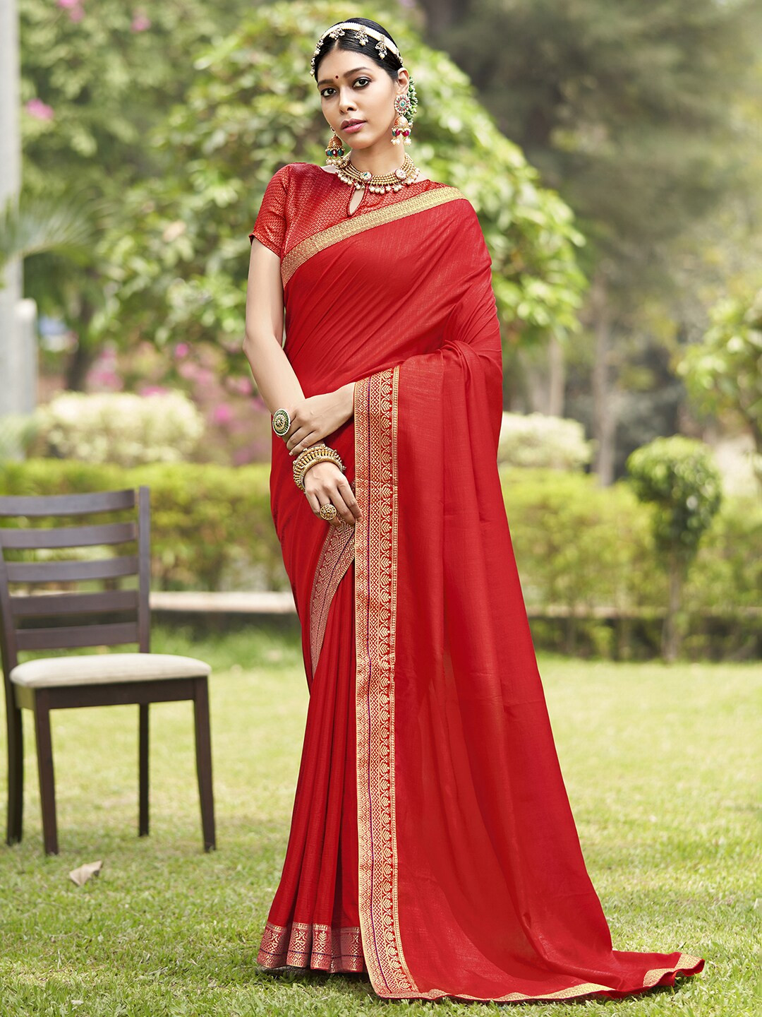

Saree mall Red & Gold-Toned Zari Silk Blend Sarees