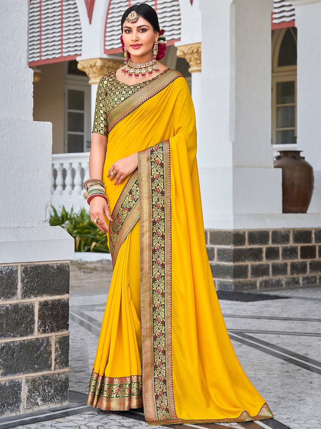 

Saree mall Yellow & Green Zari Silk Blend Sarees