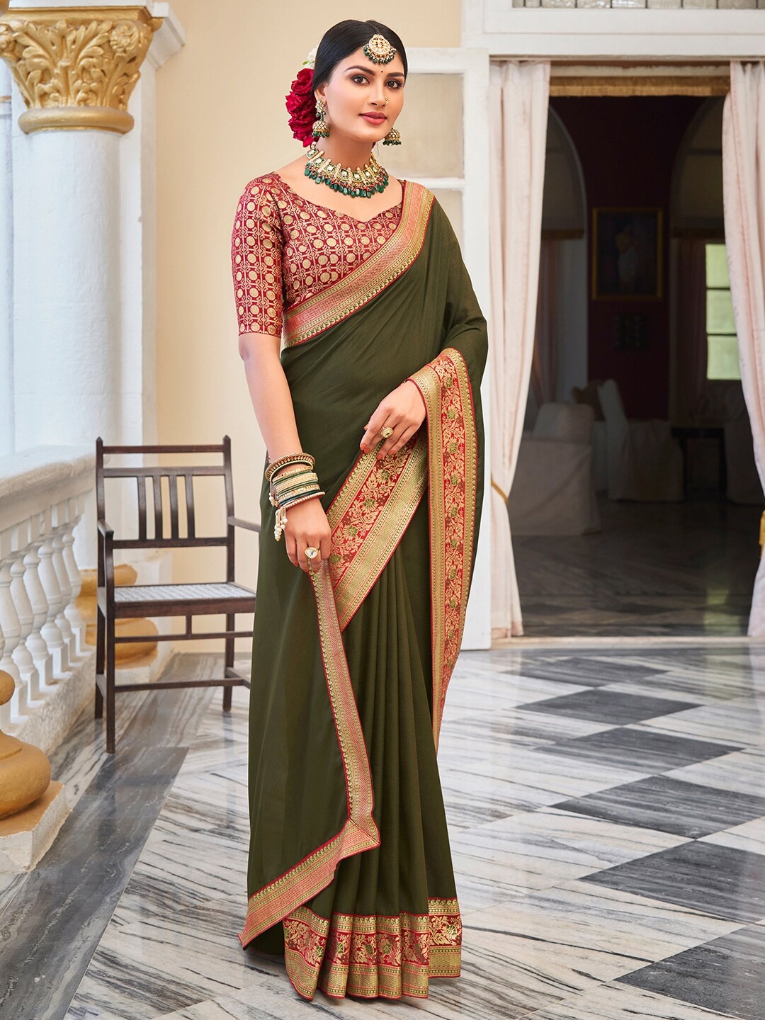 

Saree mall Woven Design Zari Saree, Olive
