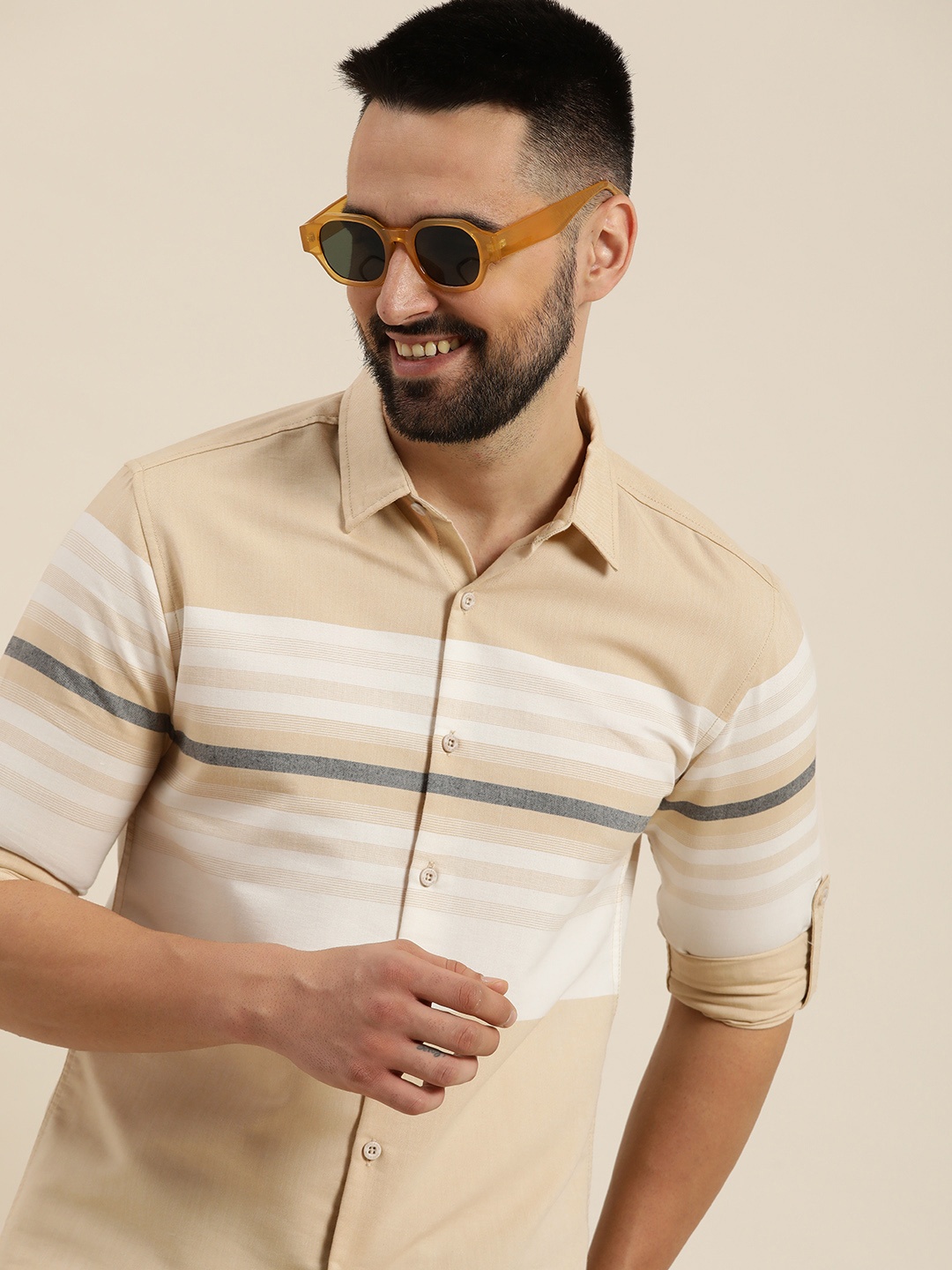 

HERE&NOW Men Slim Fit Multi Stripes Opaque Casual Shirt, Beige