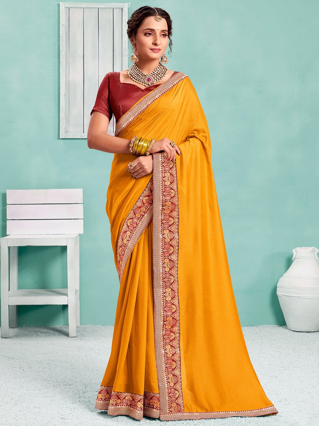 

Saree mall Yellow & Red Zari Silk Blend Sarees