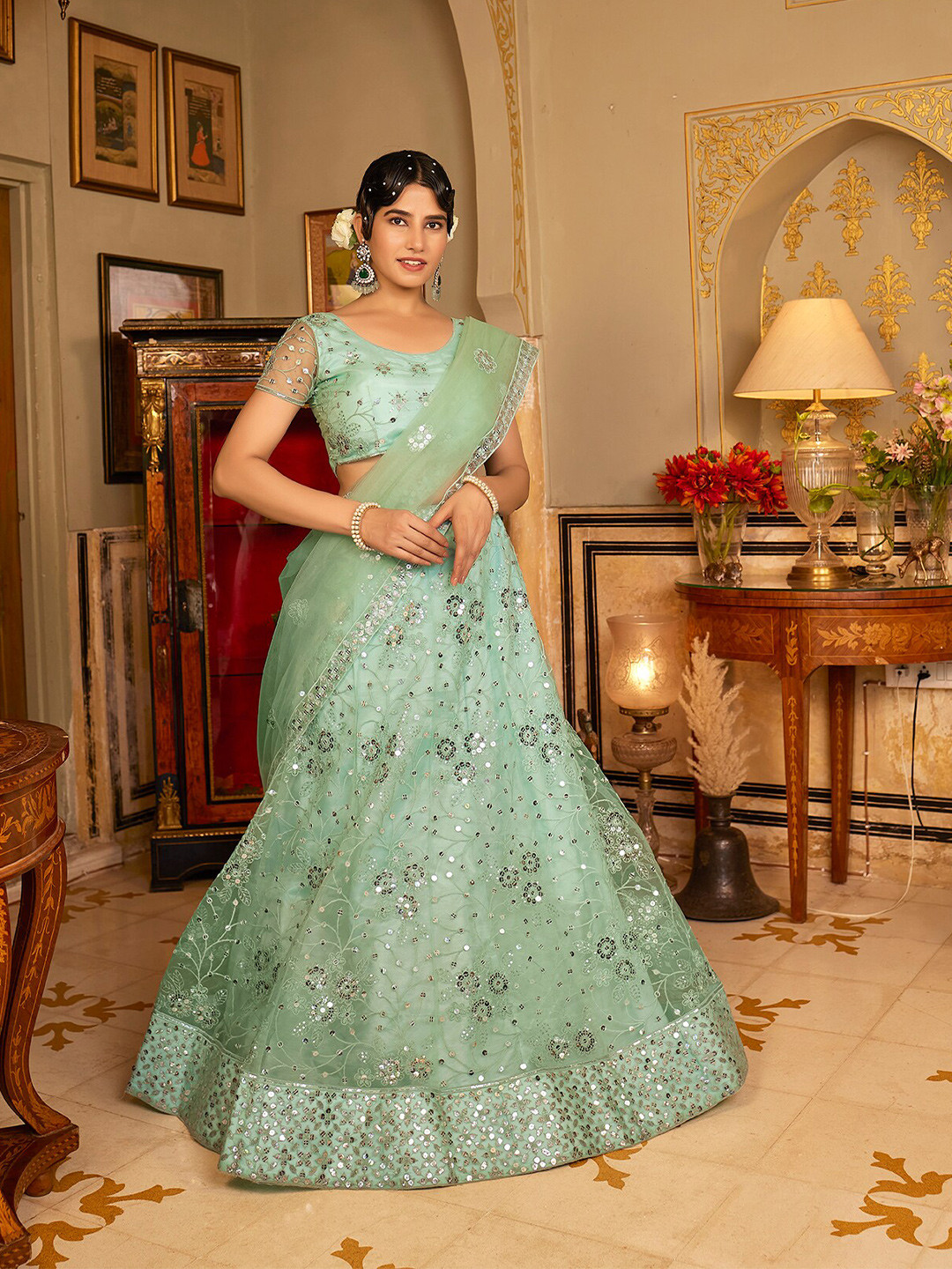 

WHITE FIRE Ethnic Motifs Embroidered Sequinned Semi-Stitched Lehenga Choli, Sea green