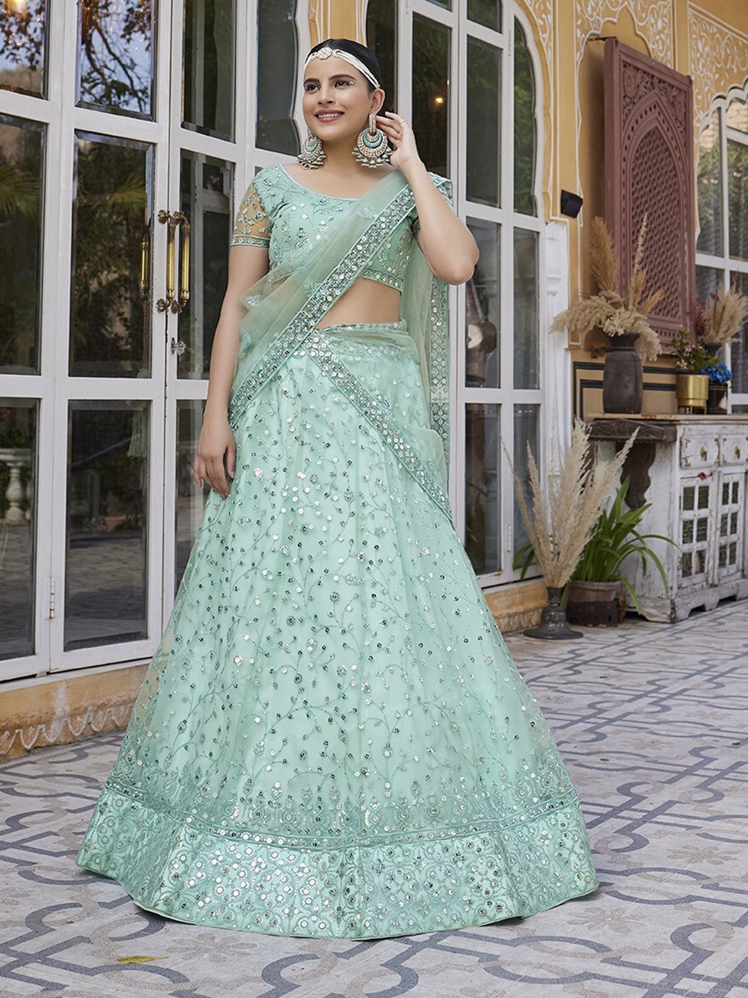 

WHITE FIRE Ethnic Motifs Embroidered Sequinned Semi-Stitched Lehenga Choli, Blue