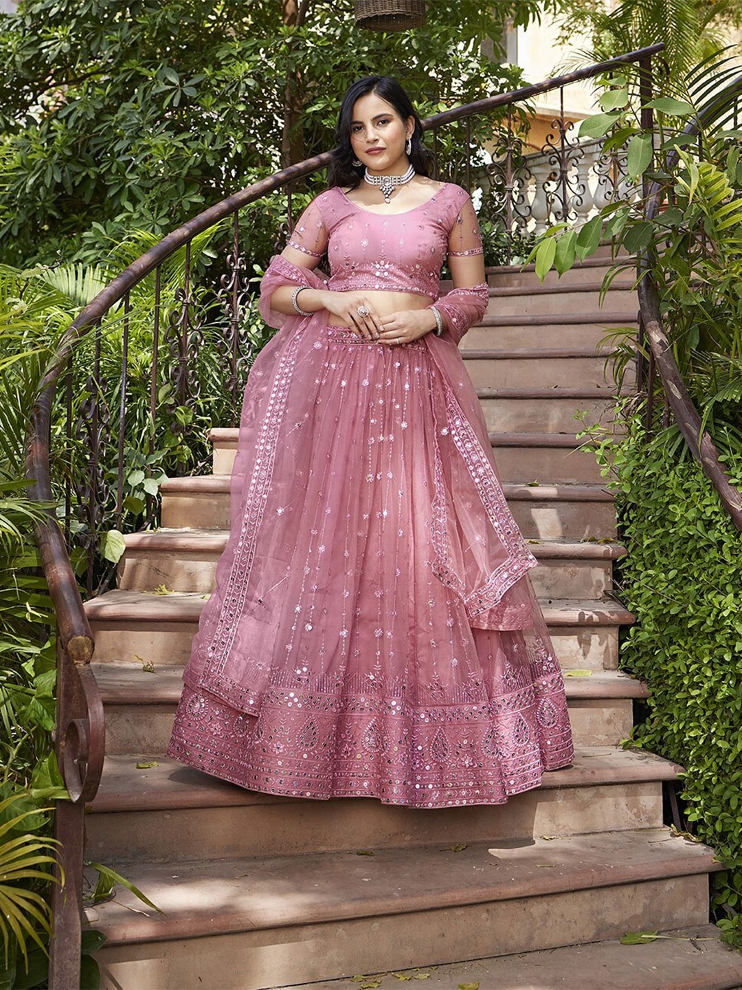 

WHITE FIRE Embroidered Semi-Stitched Lehenga & Unstitched Blouse With Dupatta, Pink