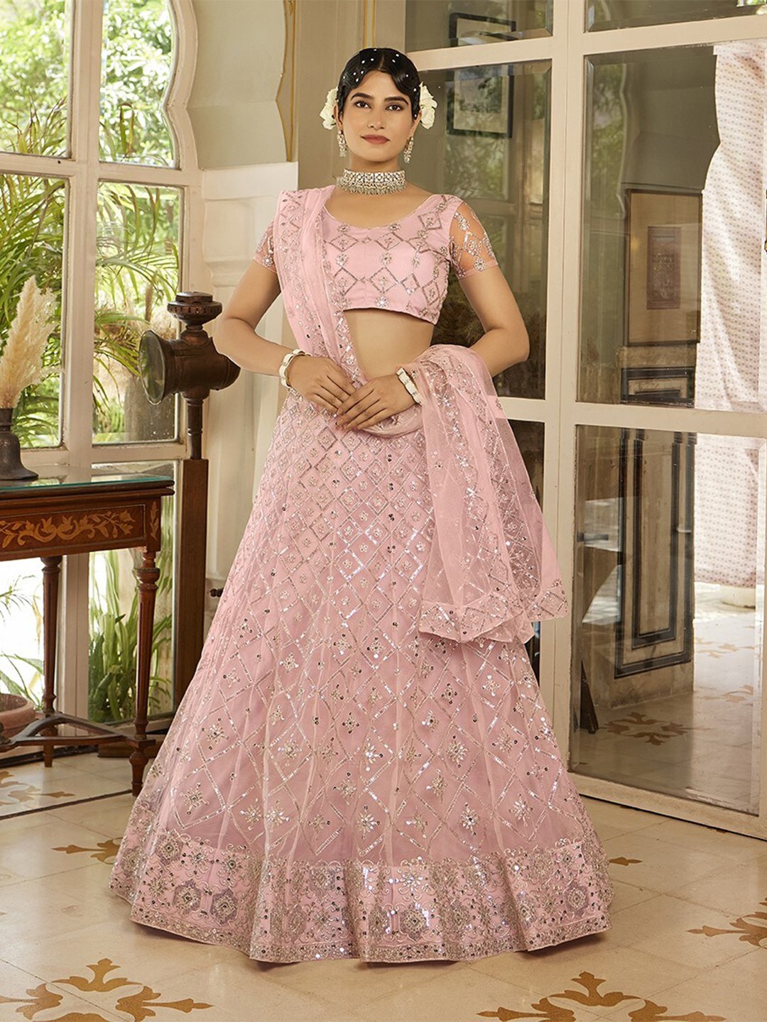

WHITE FIRE Ethnic Motifs Embroidered Sequinned Semi-Stitched Lehenga Choli, Pink