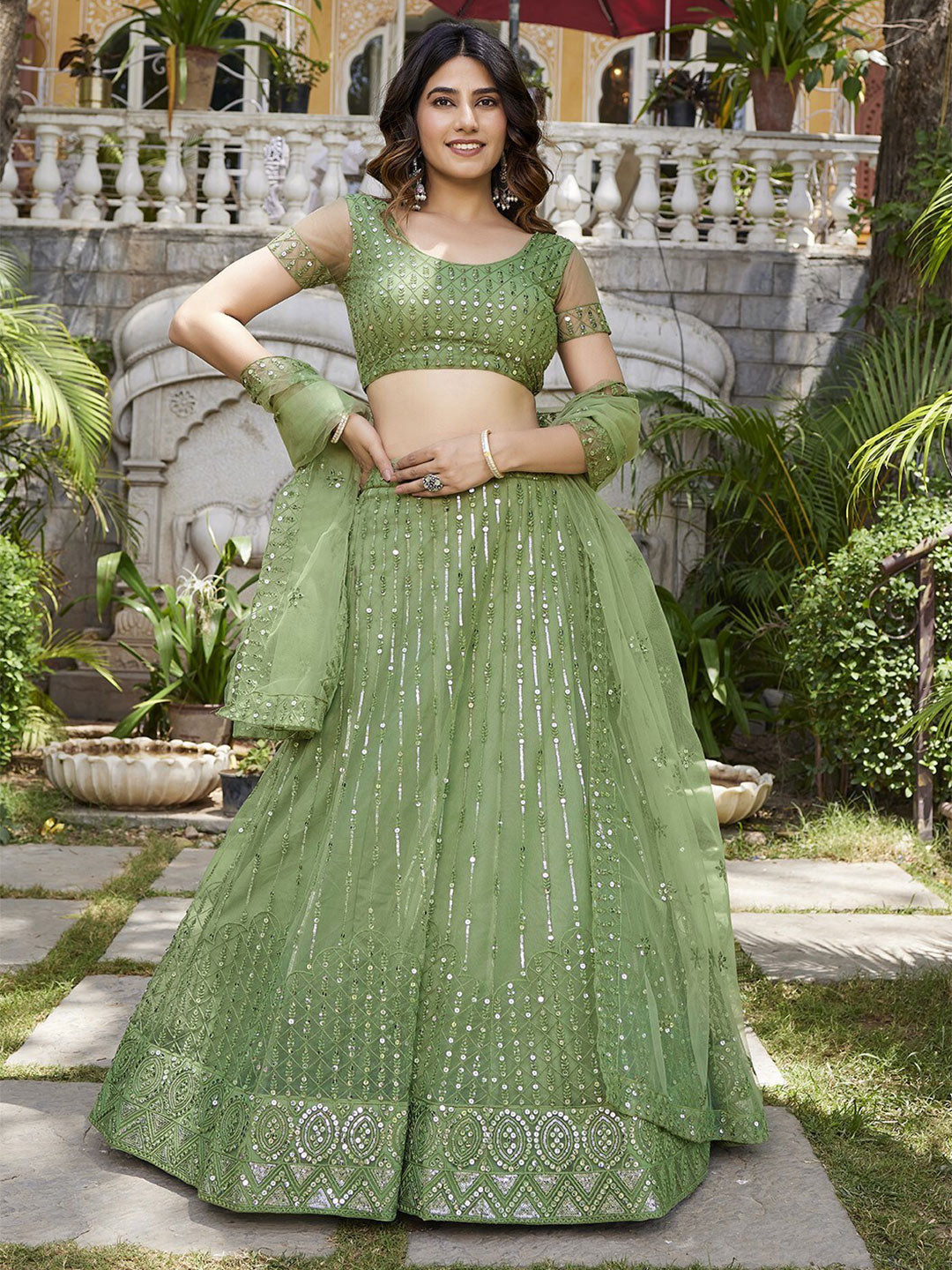 

WHITE FIRE Ethnic Motifs Embroidered Sequinned Semi-Stitched Lehenga Choli, Green