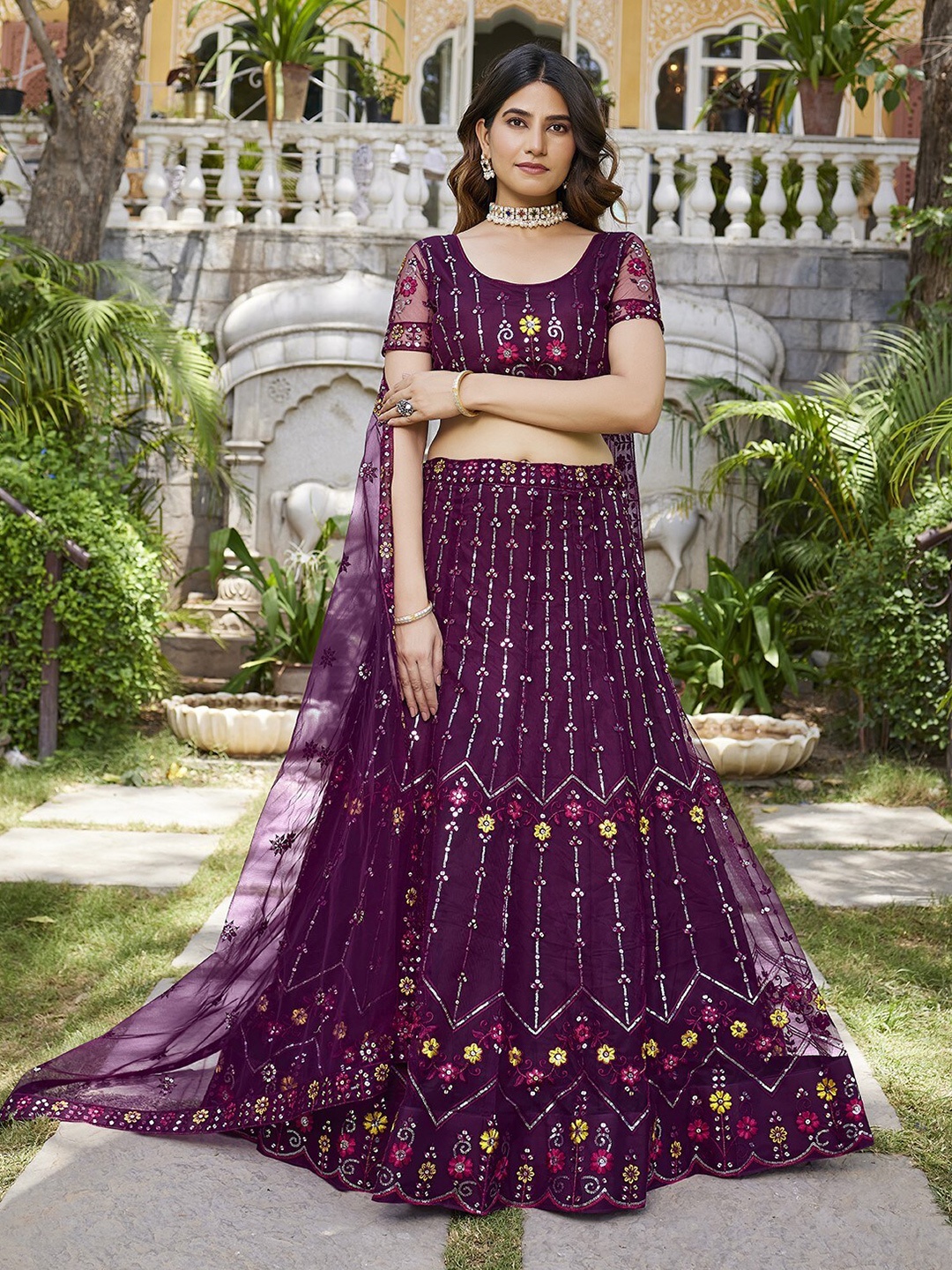 

WHITE FIRE Ethnic Motifs Embroidered Sequinned Semi-Stitched Lehenga Choli, Purple
