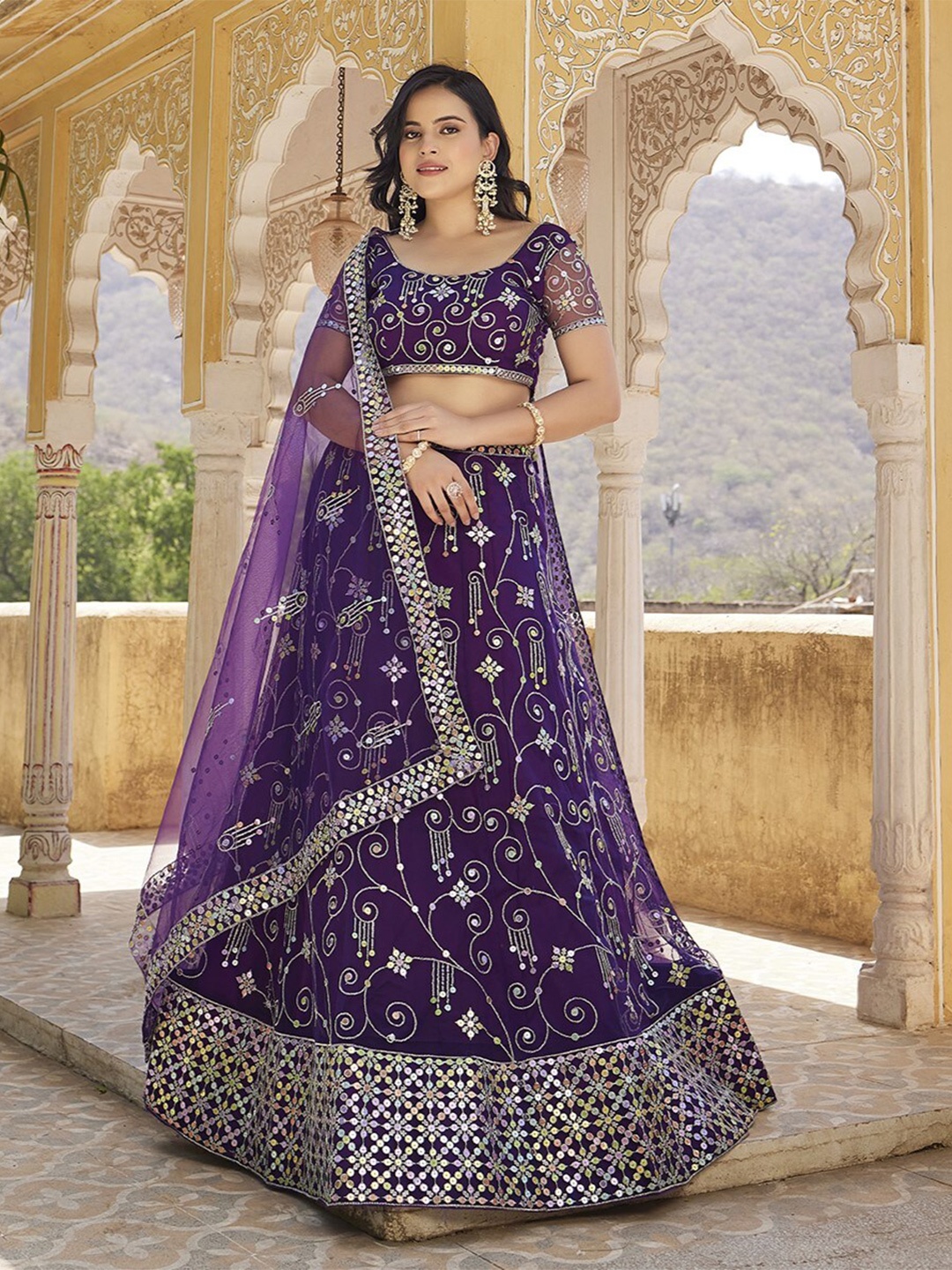

WHITE FIRE Ethnic Motifs Embroidered Sequinned Semi-Stitched Lehenga Choli, Purple