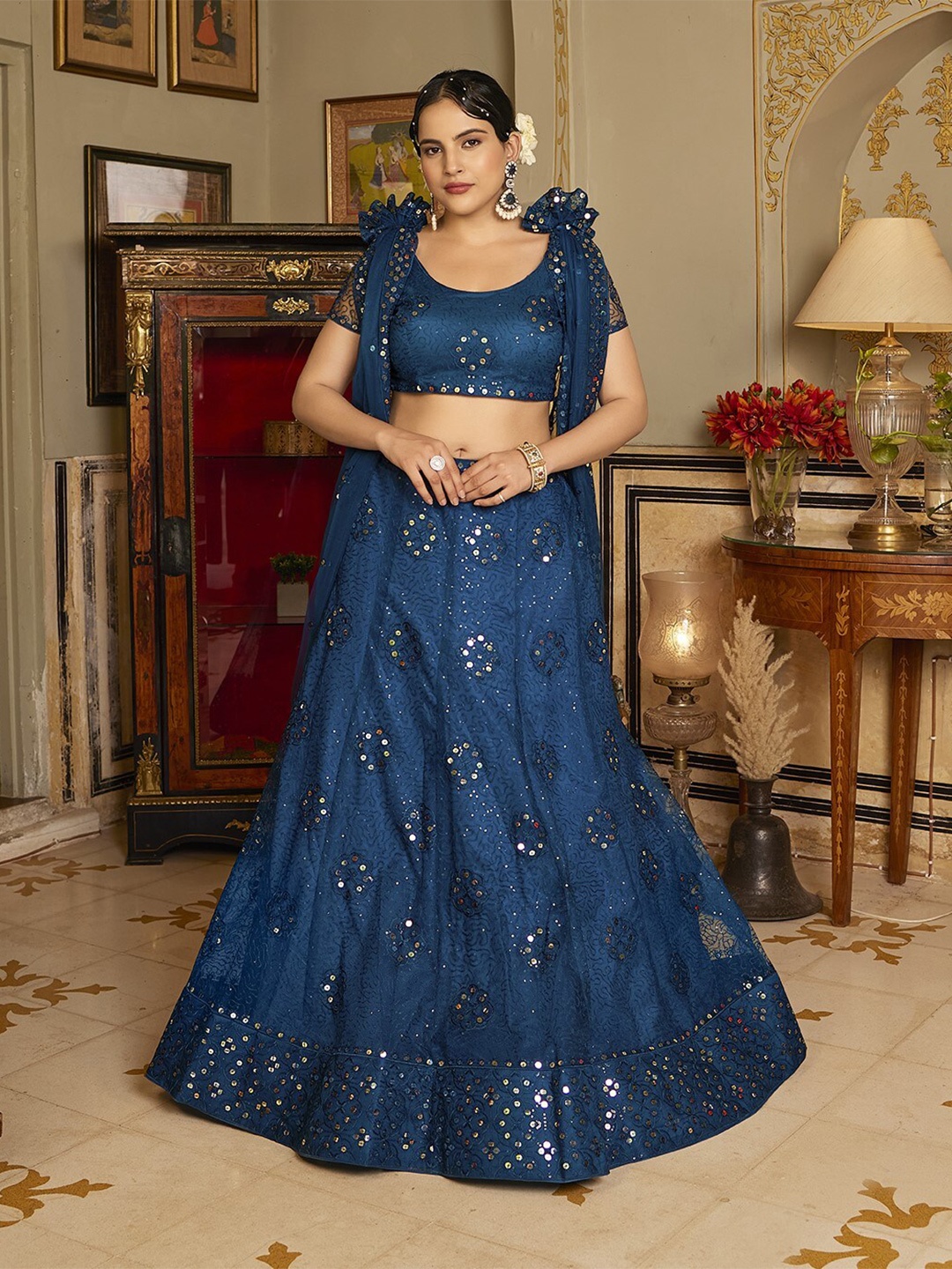 

WHITE FIRE Ethnic Motifs Embroidered Sequinned Semi-Stitched Lehenga Choli, Blue