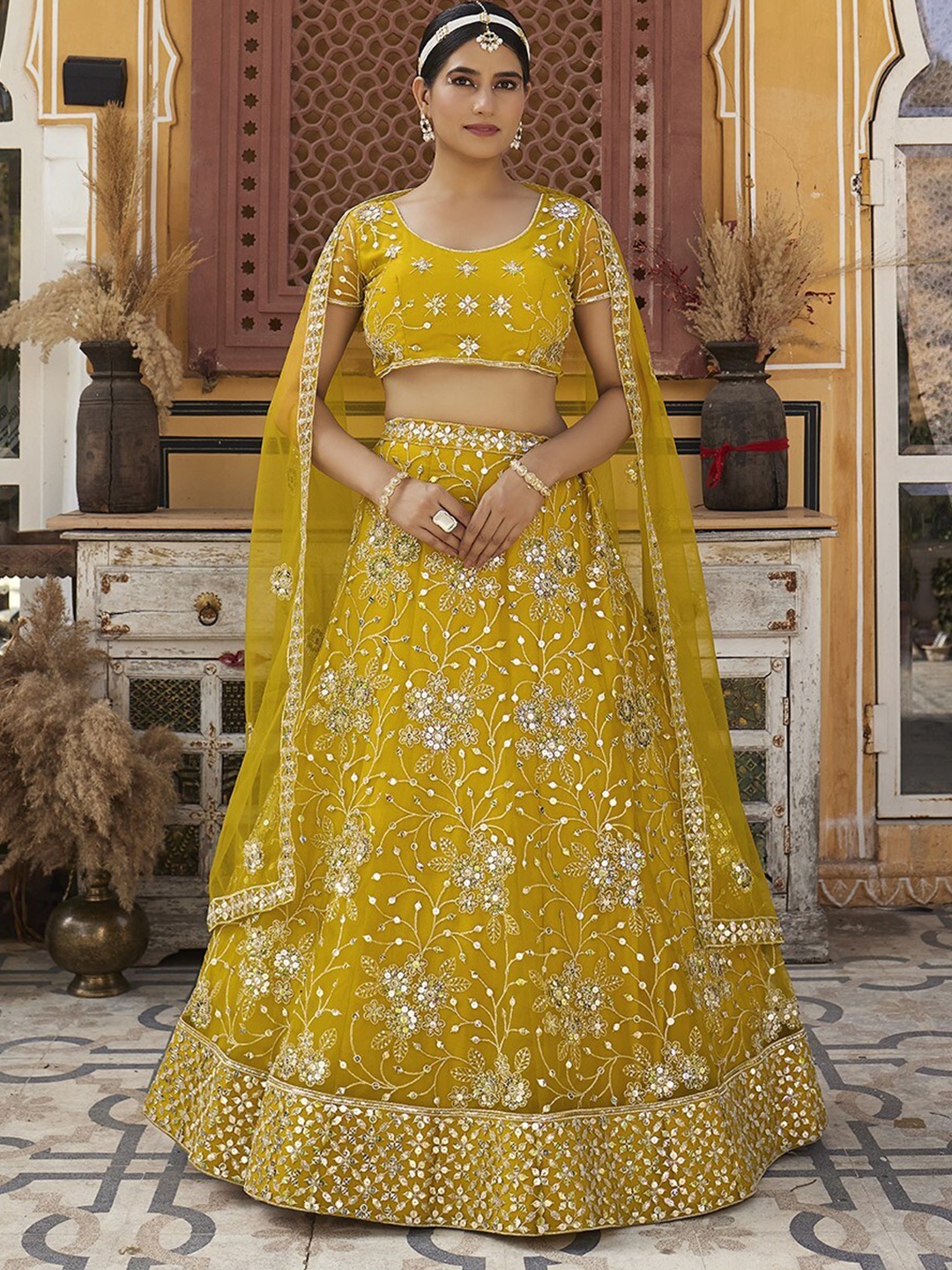 

WHITE FIRE Embroidered Semi-Stitched Lehenga & Unstitched Blouse With, Mustard